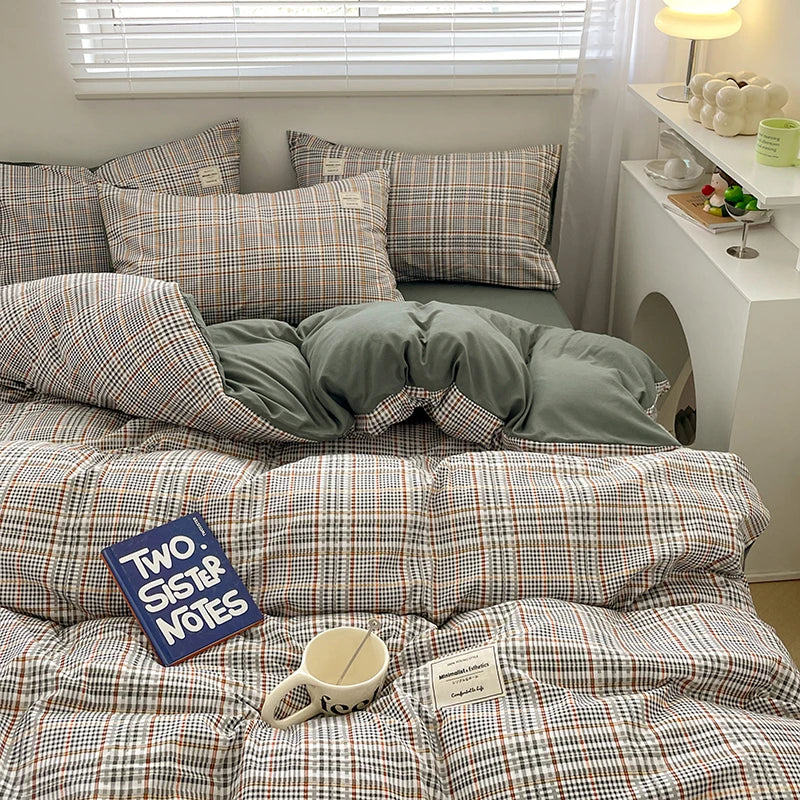 Parure de lit à carreaux, douce et agréable pour la peau, comprenant housse de couette, taies d’oreiller et drap de lit, linge de lit pour maison, disponible en tailles simple, double, Queen et King.
