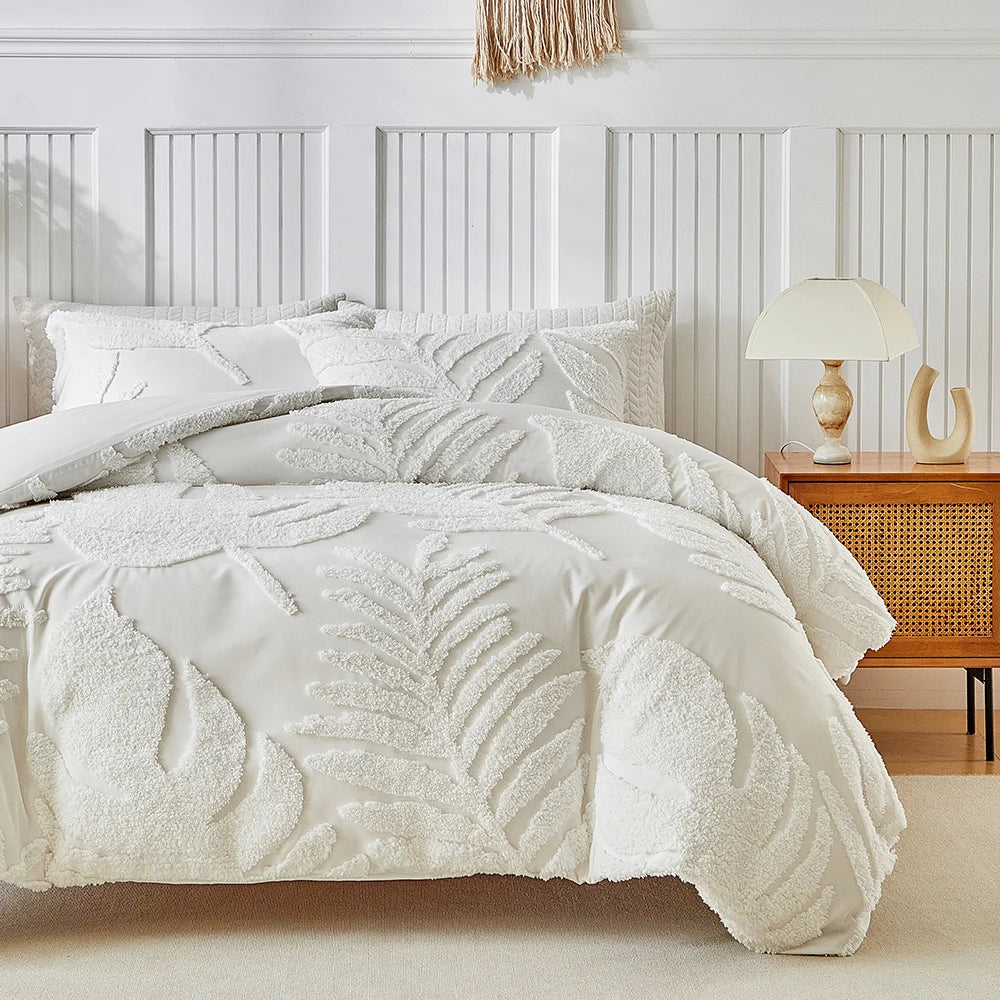 Parure de lit avec housse de couette, tailles Twin, Double, Queen et King, 135 × 200 cm, style nordique, housse de couette avec motif feuilles tufté, linge de lit simple ou double, disponible jusqu’à 240 × 220 cm.