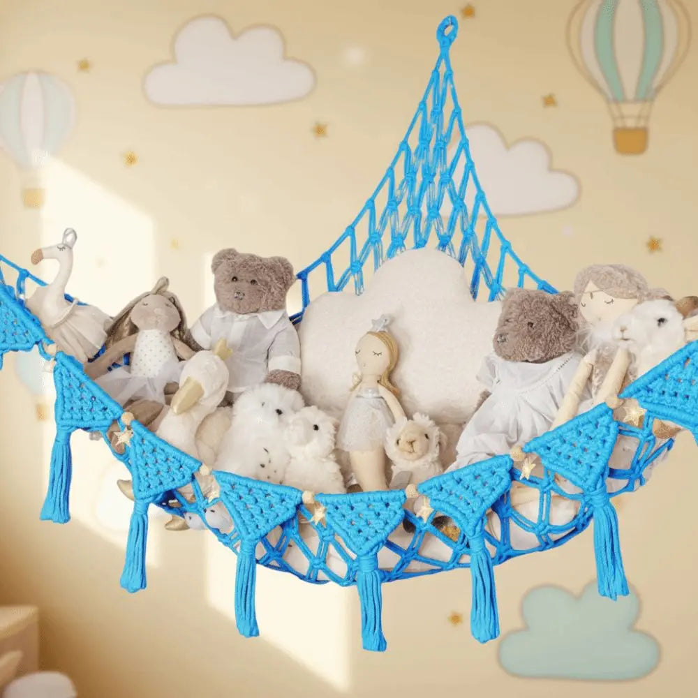 Grand hamac de rangement pour peluches, filet suspendu à grande capacité pour jouets, hamac en maille tressée gain de place pour chambre d’enfant et nurserie.