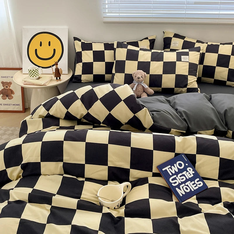 Parure de lit à carreaux, douce et agréable pour la peau, comprenant housse de couette, taies d’oreiller et drap de lit, linge de lit pour maison, disponible en tailles simple, double, Queen et King.
