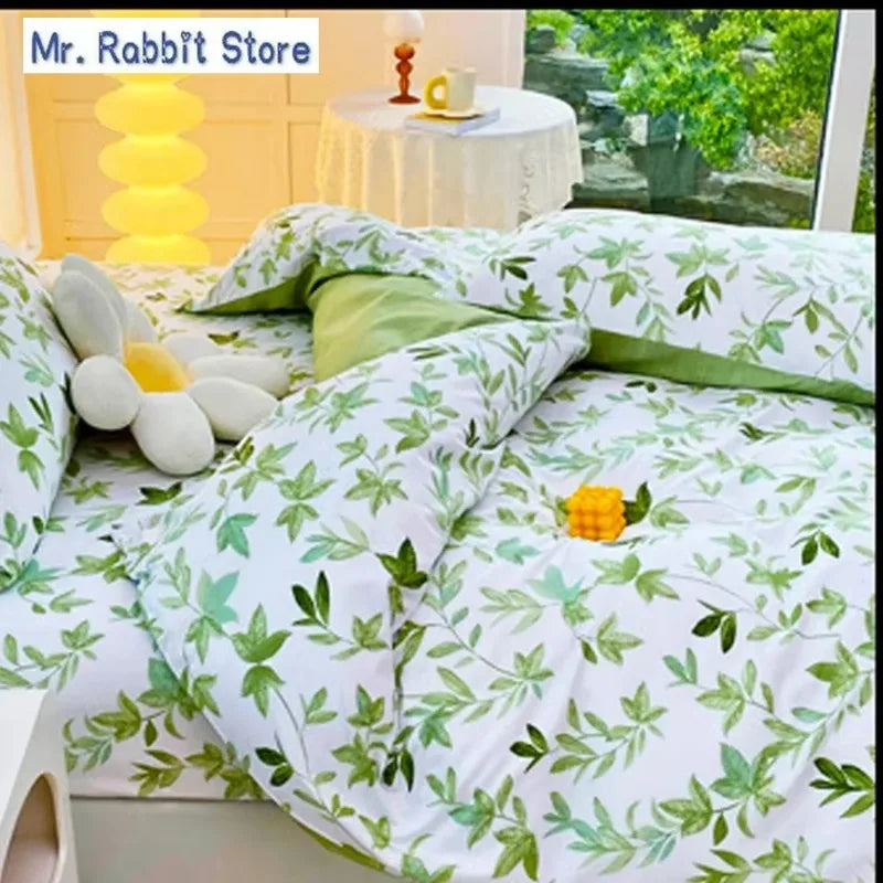Ensemble 2/3 pièces pour lit Queen/King, housse de couette double avec imprimé floral vert et taies d’oreiller, style nordique, parure de lit confortable avec housse de couette.