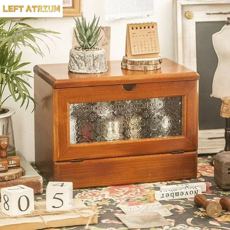 Boîte de rangement vintage en bois pour coiffeuse de bureau avec miroir, résistante à la poussière, grande capacité, rangement pour cosmétiques, en bois massif, rangement pour la maison