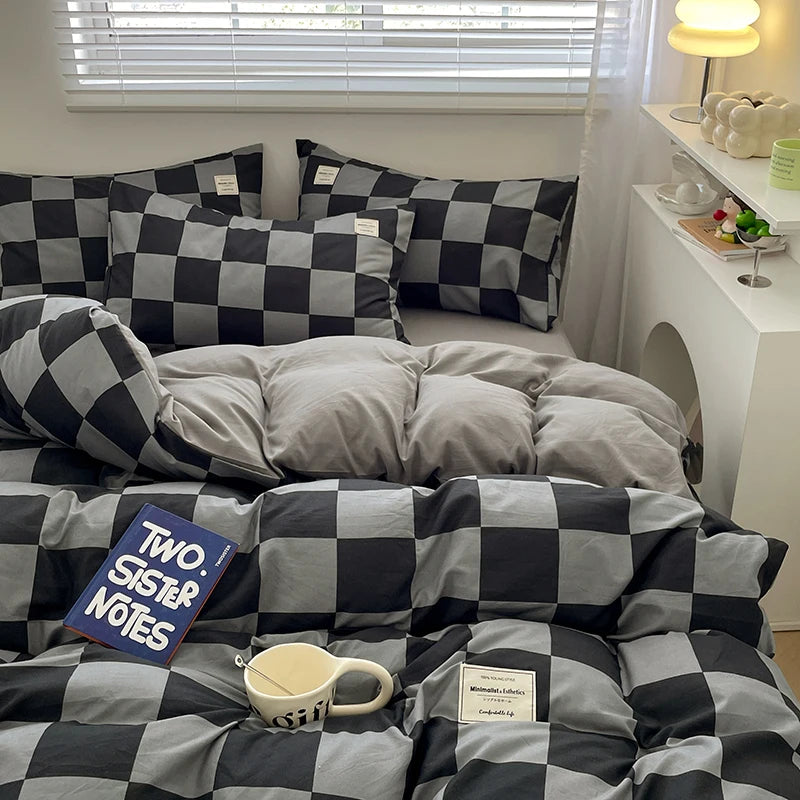 Parure de lit à carreaux, douce et agréable pour la peau, comprenant housse de couette, taies d’oreiller et drap de lit, linge de lit pour maison, disponible en tailles simple, double, Queen et King.