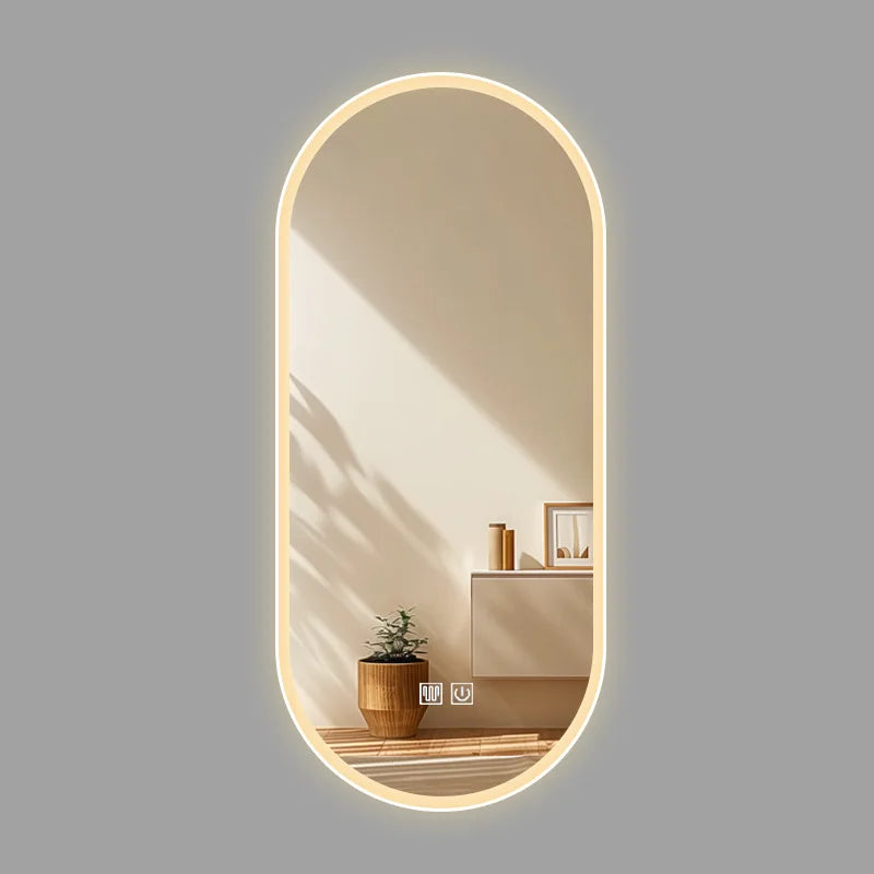 Miroir de salle de bain intelligent ovale avec écran tactile, miroir LED éclairé pour lavabo et maquillage, miroir mural long et petit miroir de courtoisie intelligent.