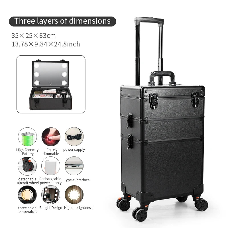 Organisateur 3-en-1 portable et interchangeable en aluminium pour maquillage, avec miroir LED et poignée télescopique – rangement pour accessoires de beauté
