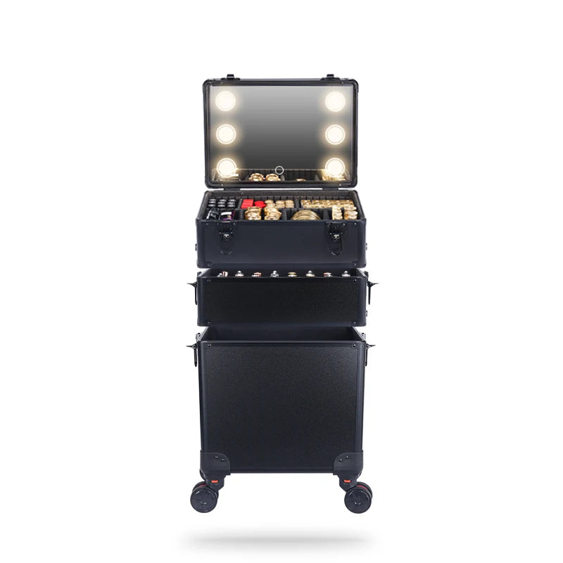 Organisateur 3-en-1 portable et interchangeable en aluminium pour maquillage, avec miroir LED et poignée télescopique – rangement pour accessoires de beauté