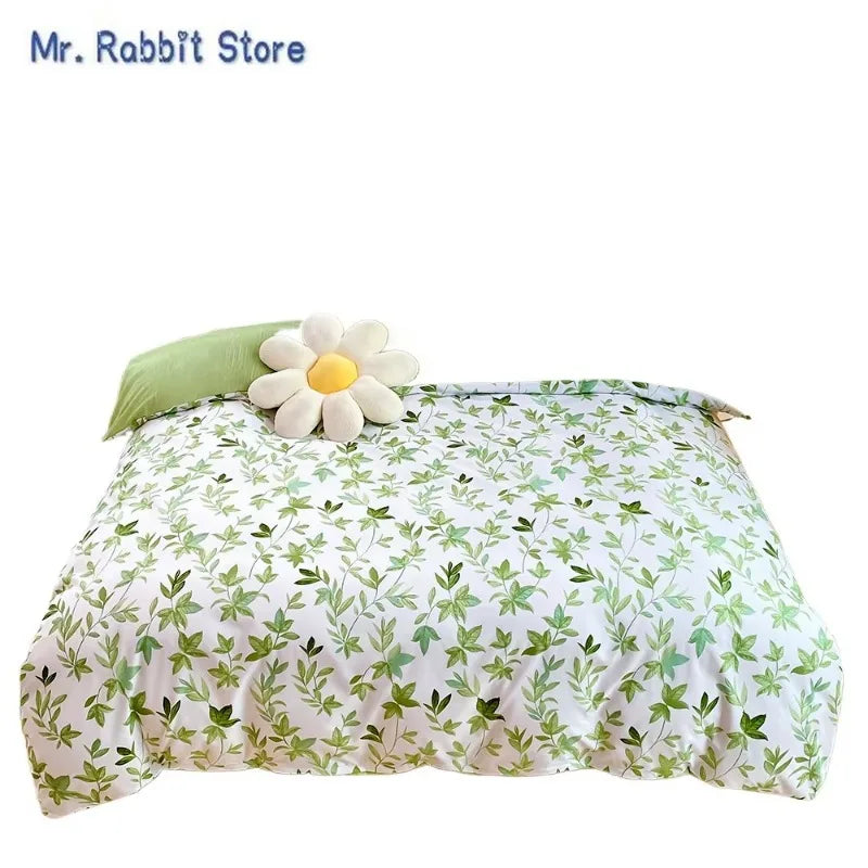 Ensemble 2/3 pièces pour lit Queen/King, housse de couette double avec imprimé floral vert et taies d’oreiller, style nordique, parure de lit confortable avec housse de couette.
