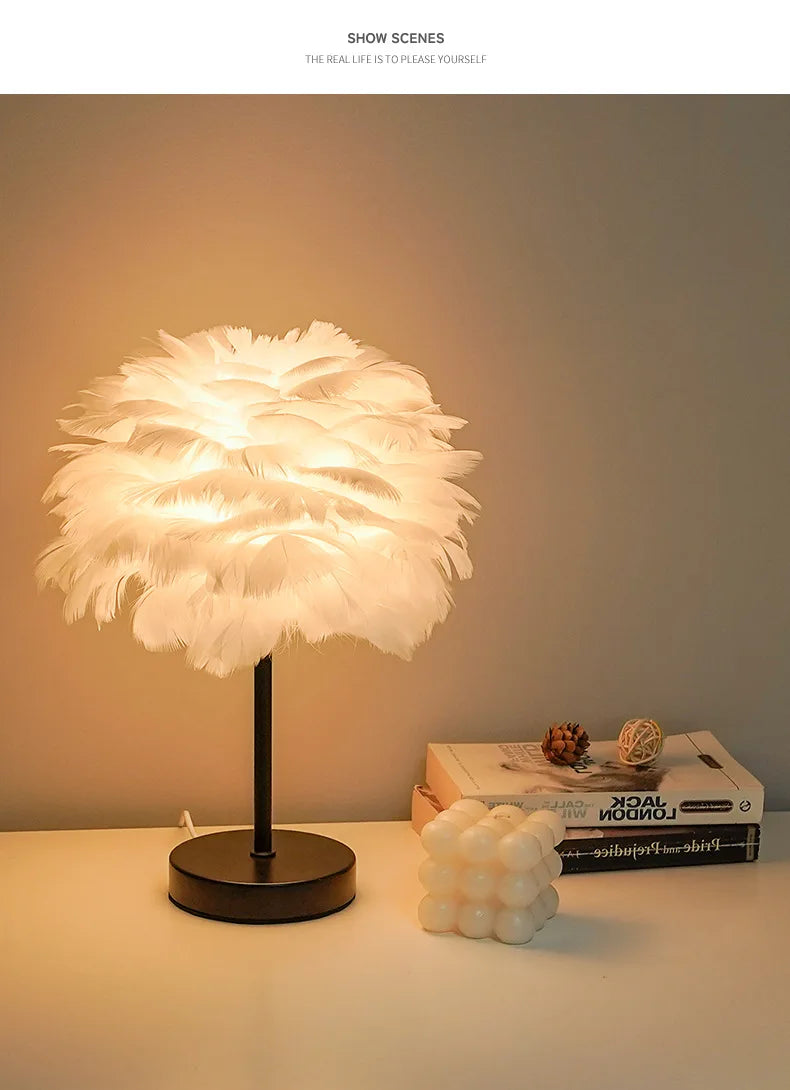 Nordic Decorative Feather Table Lamp Bedroom Bedside Lamp High Sense B & B Creative Ins Girl Heart Feather Lamp Light Luxury