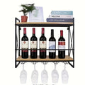 Étagère à vin industrielle murale, support à bouteilles de vin en bois à 2 niveaux avec 5 porte-verres à pied pour verres à vin