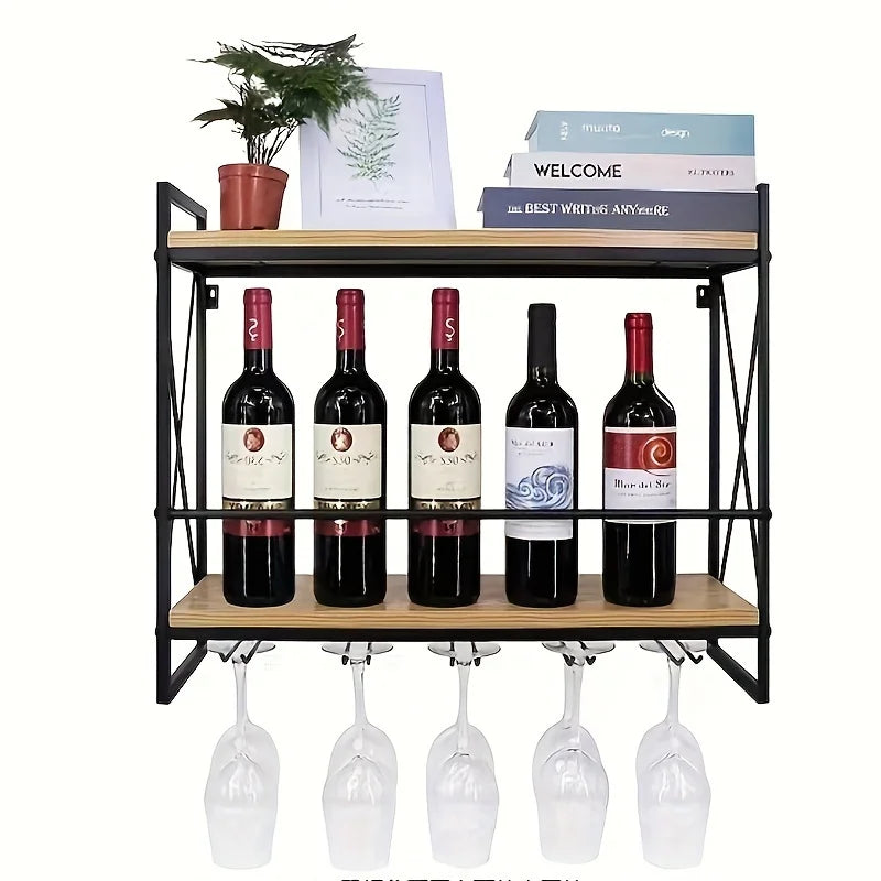 Étagère à vin industrielle murale, support à bouteilles de vin en bois à 2 niveaux avec 5 porte-verres à pied pour verres à vin