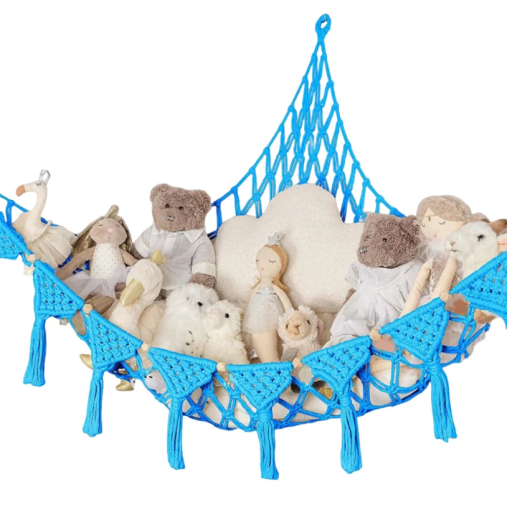Grand hamac de rangement pour peluches, filet suspendu à grande capacité pour jouets, hamac en maille tressée gain de place pour chambre d’enfant et nurserie.