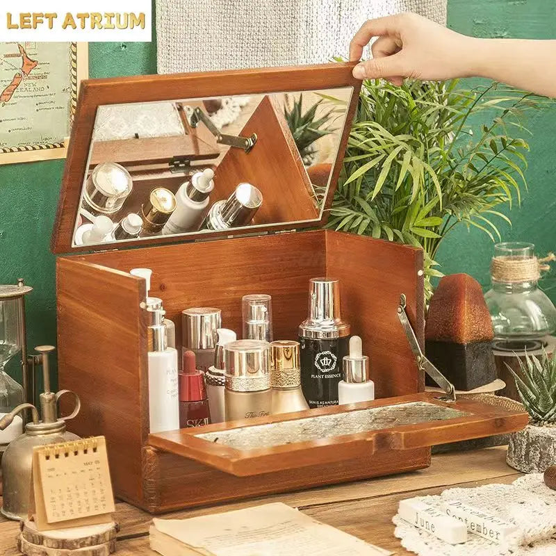 Boîte de rangement vintage en bois pour coiffeuse de bureau avec miroir, résistante à la poussière, grande capacité, rangement pour cosmétiques, en bois massif, rangement pour la maison