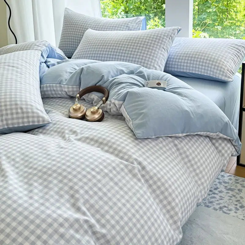 Parure de lit premium 3/4 pièces en coton lavé ultra-doux, qualité supérieure, style quadrillé, avec drap-housse, idéale pour chambre d’enfant et dortoir.