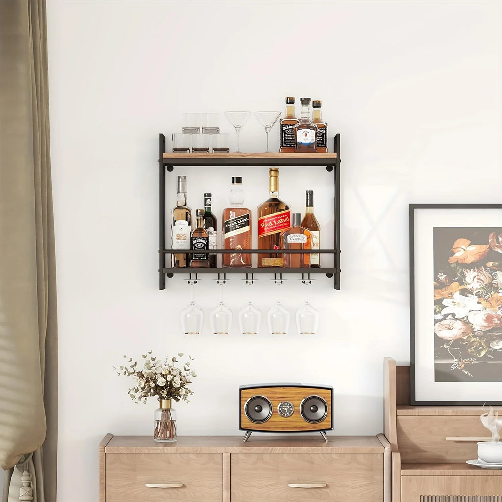 Étagère à vin industrielle murale, support à bouteilles de vin en bois à 2 niveaux avec 5 porte-verres à pied pour verres à vin
