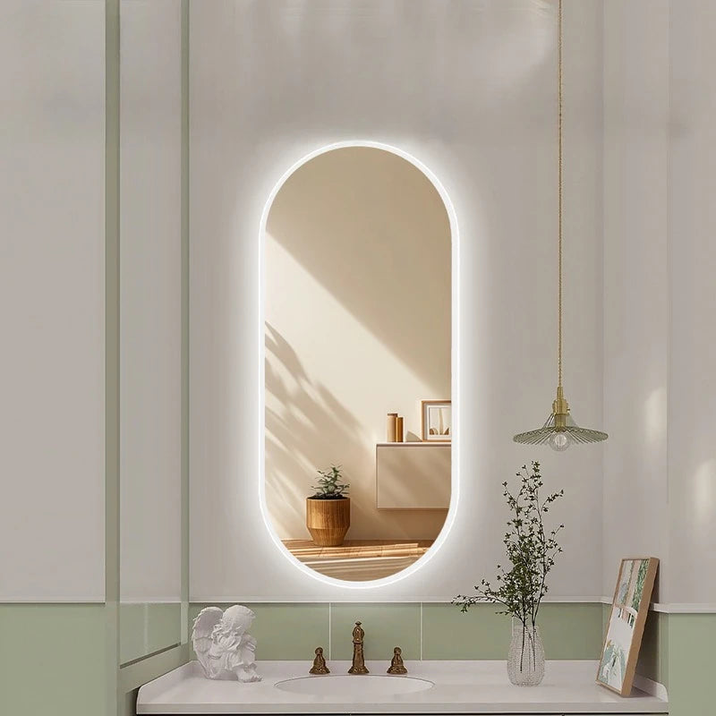 Miroir de salle de bain intelligent ovale avec écran tactile, miroir LED éclairé pour lavabo et maquillage, miroir mural long et petit miroir de courtoisie intelligent.