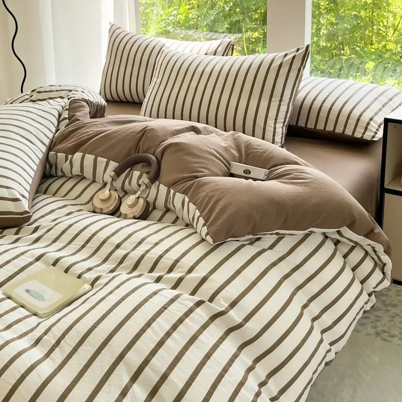 Parure de lit premium 3/4 pièces en coton lavé ultra-doux, qualité supérieure, style quadrillé, avec drap-housse, idéale pour chambre d’enfant et dortoir.
