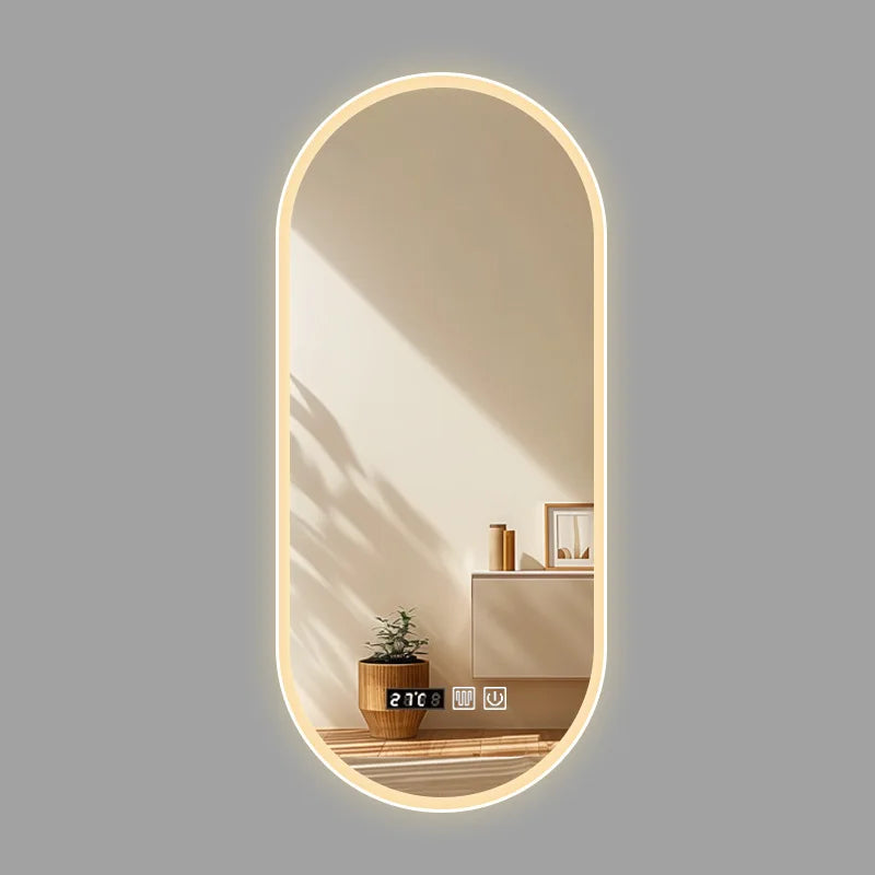 Miroir de salle de bain intelligent ovale avec écran tactile, miroir LED éclairé pour lavabo et maquillage, miroir mural long et petit miroir de courtoisie intelligent.