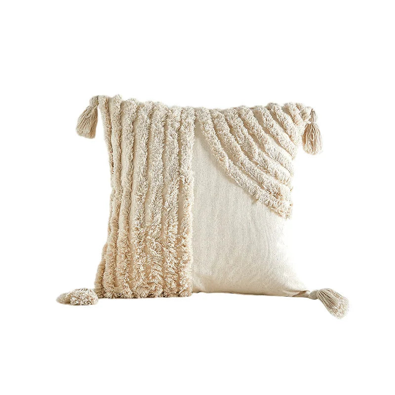 Housse de coussin bohème chic à pompons et tuftage, coussin décoratif doux et moelleux pour canapé, chambre, panier et accessoires pour animaux de compagnie.