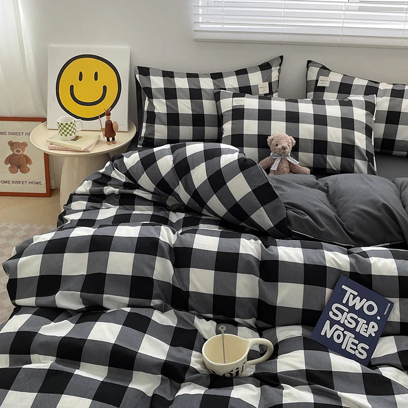 Parure de lit à carreaux, douce et agréable pour la peau, comprenant housse de couette, taies d’oreiller et drap de lit, linge de lit pour maison, disponible en tailles simple, double, Queen et King.