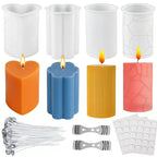 Set de 4 moules en silicone pour bougies, comprenant 50 mèches de bougie, 2 supports de mèche et 3 autocollants, idéal pour la fabrication de bougies DIY et artisanales.