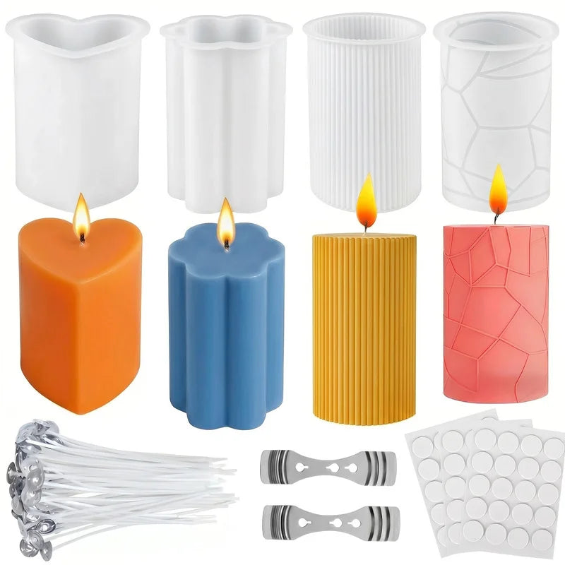 Set de 4 moules en silicone pour bougies, comprenant 50 mèches de bougie, 2 supports de mèche et 3 autocollants, idéal pour la fabrication de bougies DIY et artisanales.