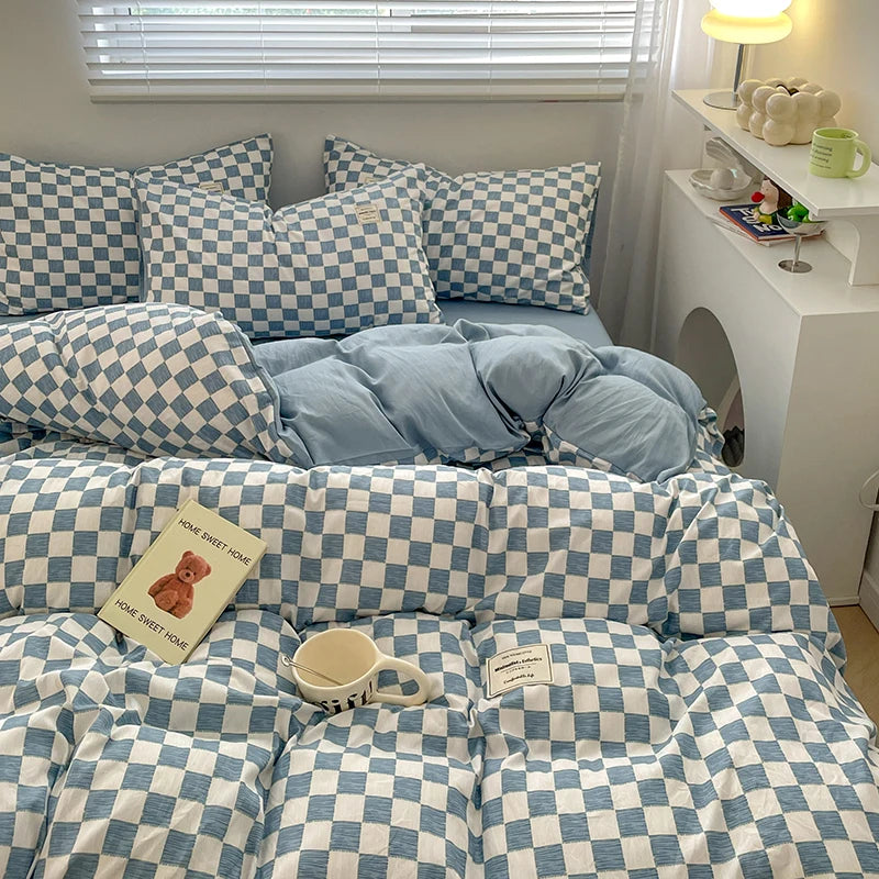 Parure de lit à carreaux, douce et agréable pour la peau, comprenant housse de couette, taies d’oreiller et drap de lit, linge de lit pour maison, disponible en tailles simple, double, Queen et King.