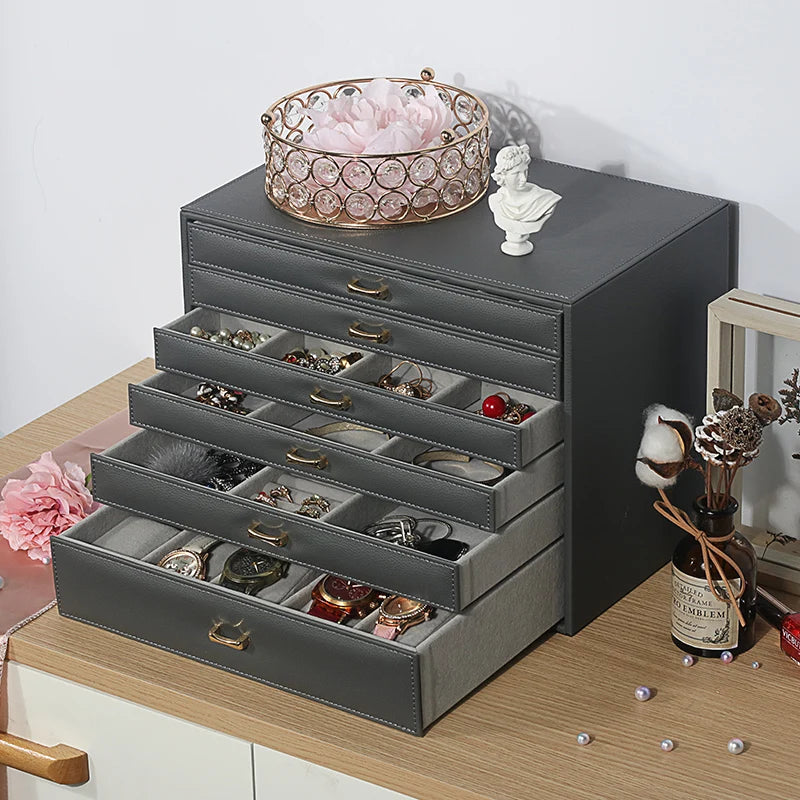 6 Layers PU Leather Jewelry Box Storage Case Display Organizer Ring Necklace Earring Collection for Gifts