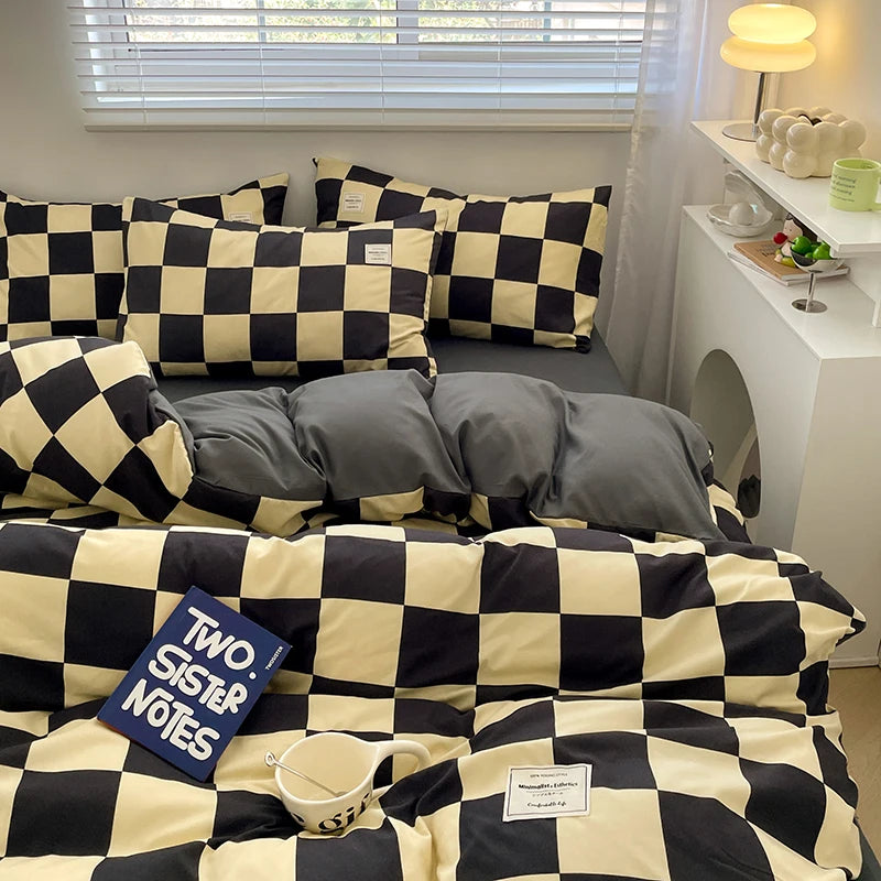 Parure de lit à carreaux, douce et agréable pour la peau, comprenant housse de couette, taies d’oreiller et drap de lit, linge de lit pour maison, disponible en tailles simple, double, Queen et King.