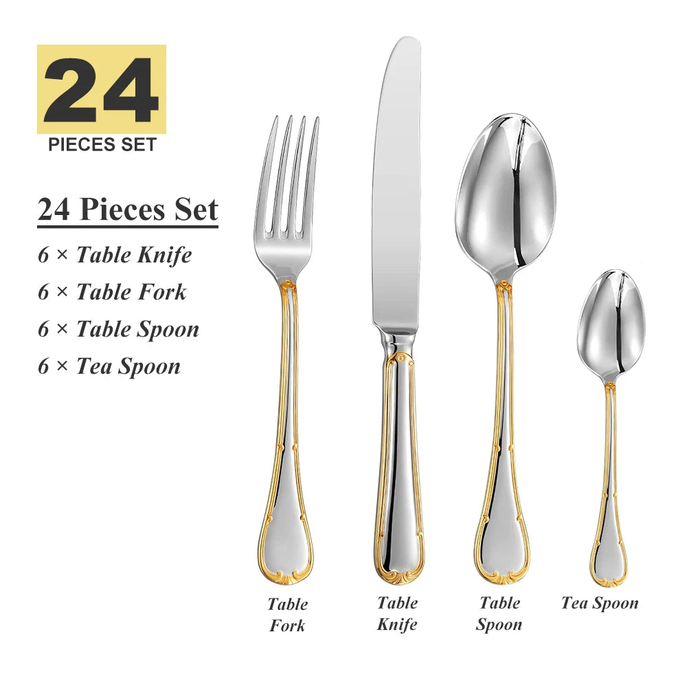 Service de couverts 24 pièces pour 6 personnes, en acier inoxydable 18/10, finition miroir, pour pendaison de crémaillère, restaurant, mariage et fêtes
