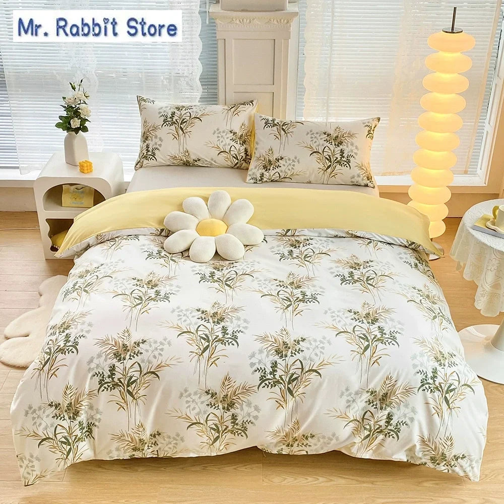 Ensemble 2/3 pièces pour lit Queen/King, housse de couette double avec imprimé floral vert et taies d’oreiller, style nordique, parure de lit confortable avec housse de couette.