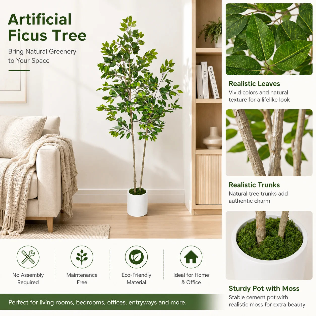 Ficus artificiel de 140 à 210 cm, plante artificielle à double tronc, décoration végétale synthétique pour intérieur, salon et maison.