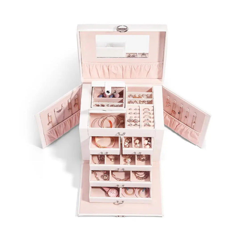 Boîte à bijoux en cuir à 5 niveaux et grande capacité, organisateur de rangement multicouche pour cosmétiques et bijoux, vente en gros directement auprès du fabricant