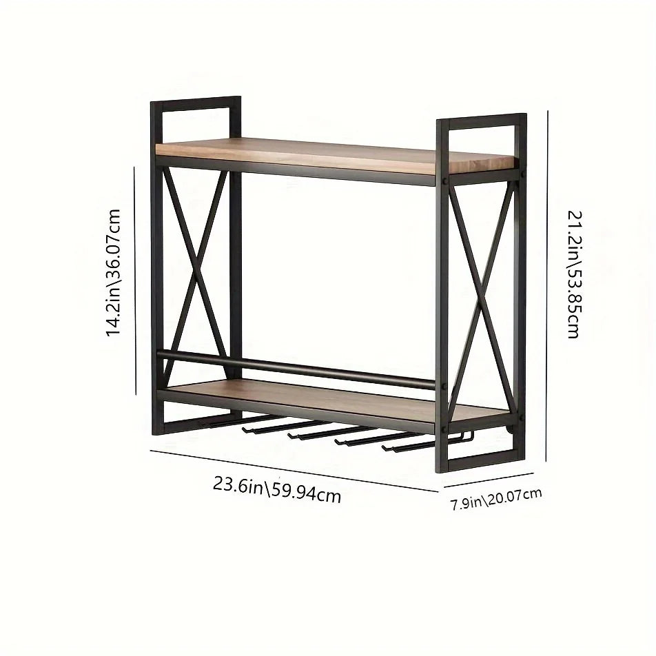 Étagère à vin industrielle murale, support à bouteilles de vin en bois à 2 niveaux avec 5 porte-verres à pied pour verres à vin