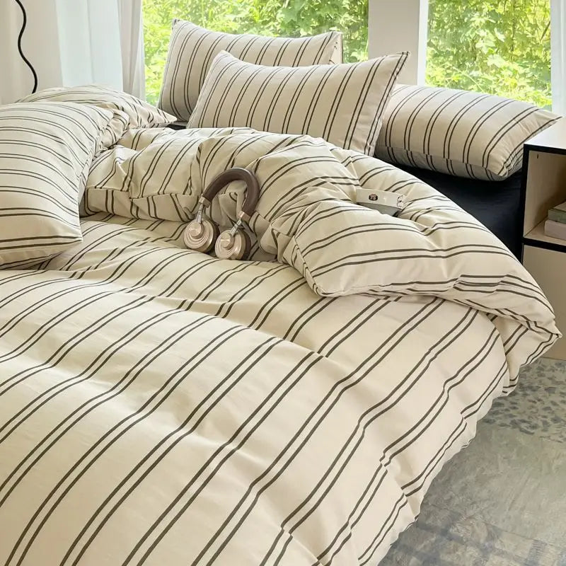 Parure de lit premium 3/4 pièces en coton lavé ultra-doux, qualité supérieure, style quadrillé, avec drap-housse, idéale pour chambre d’enfant et dortoir.