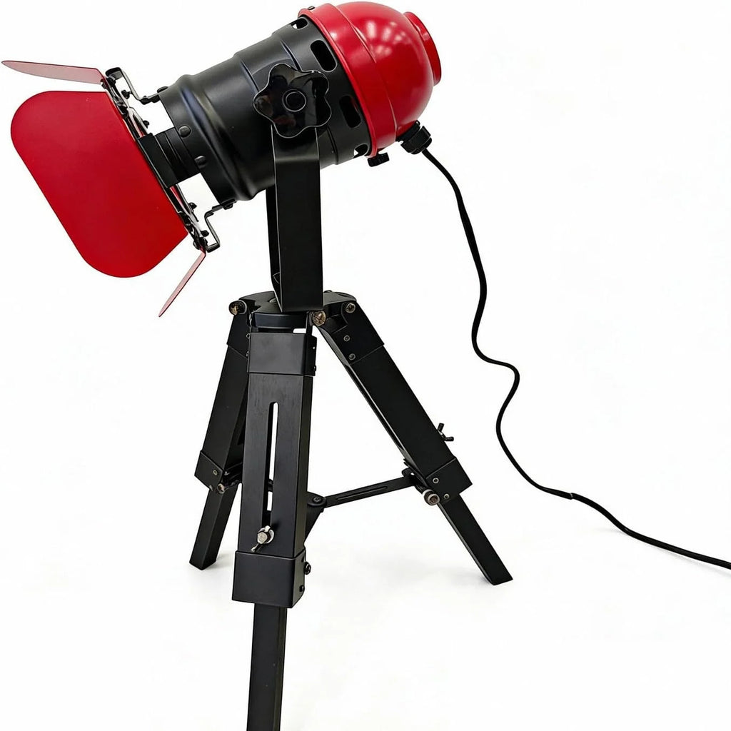 Lampadaire en bois avec LED, style industriel, rouge/noir, abat-jour type loft, design rustique et vintage, idéal pour le salon, le bureau ou la salle d’étude.