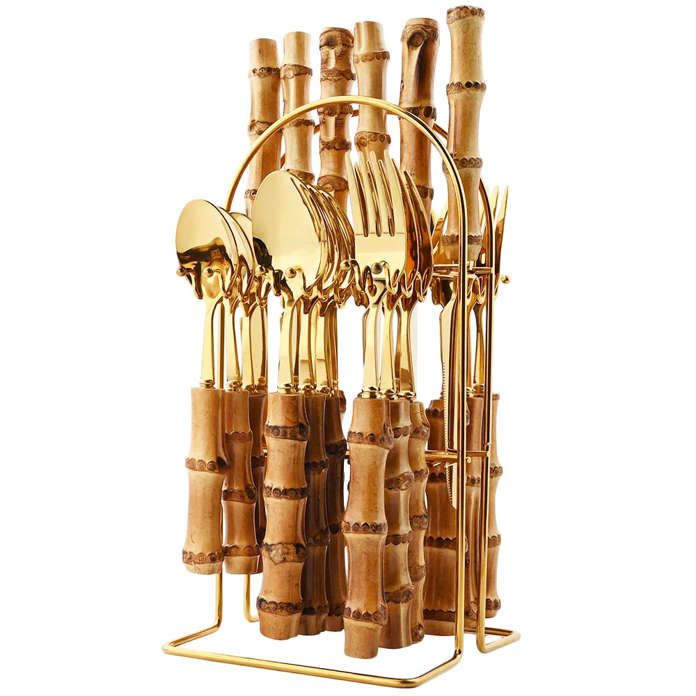 Service de table 24 pièces en acier inoxydable avec poignées en bambou naturel, ensemble de couverts en bambou, comprenant couverts de table et couteaux à steak.