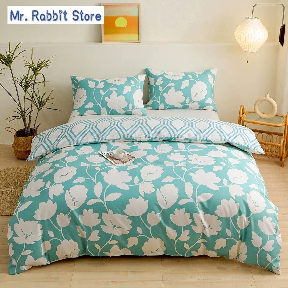 Ensemble 2/3 pièces pour lit Queen/King, housse de couette double avec imprimé floral vert et taies d’oreiller, style nordique, parure de lit confortable avec housse de couette.