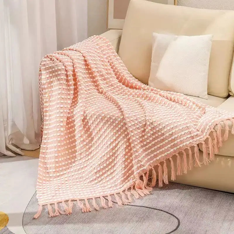 Plaid vintage blanc en chenille tricotée, doux et luxueux, avec pompons, couvre-lit et jeté de canapé style ferme, couverture de voyage et de sieste, décoration intérieure.