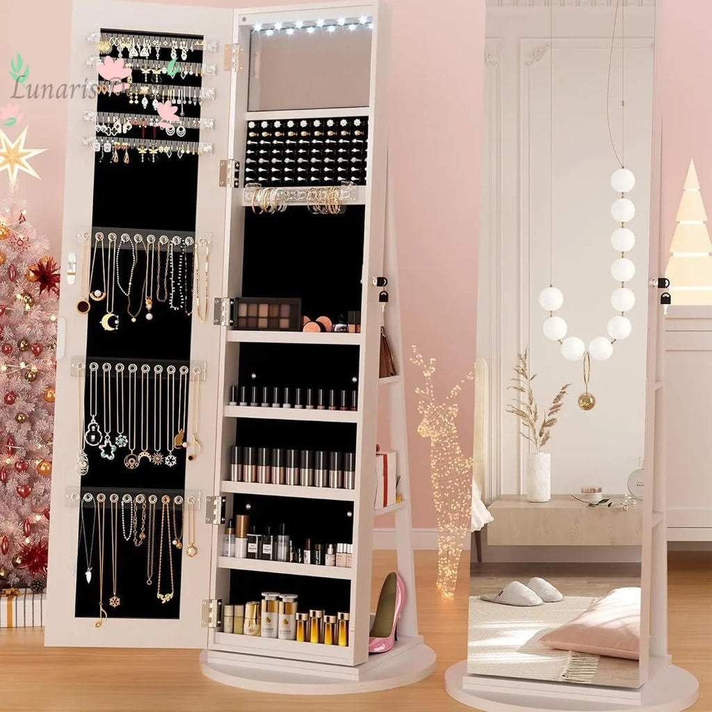 Armoire miroir pleine longueur rotative en bois massif – organisateur de bijoux et d’accessoires pour chambre à coucher – dressing mobile autoportant