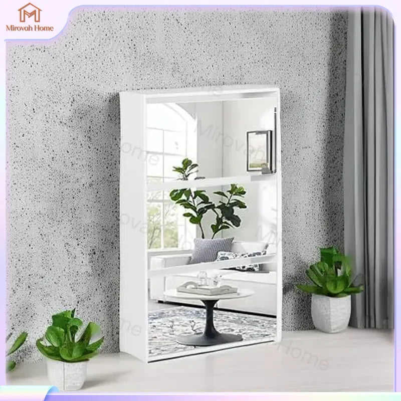 Meuble à chaussures ultra-fin avec miroir et compartiments basculants, rangement mural pour entrée et couloir, organisateur moderne pour la maison.