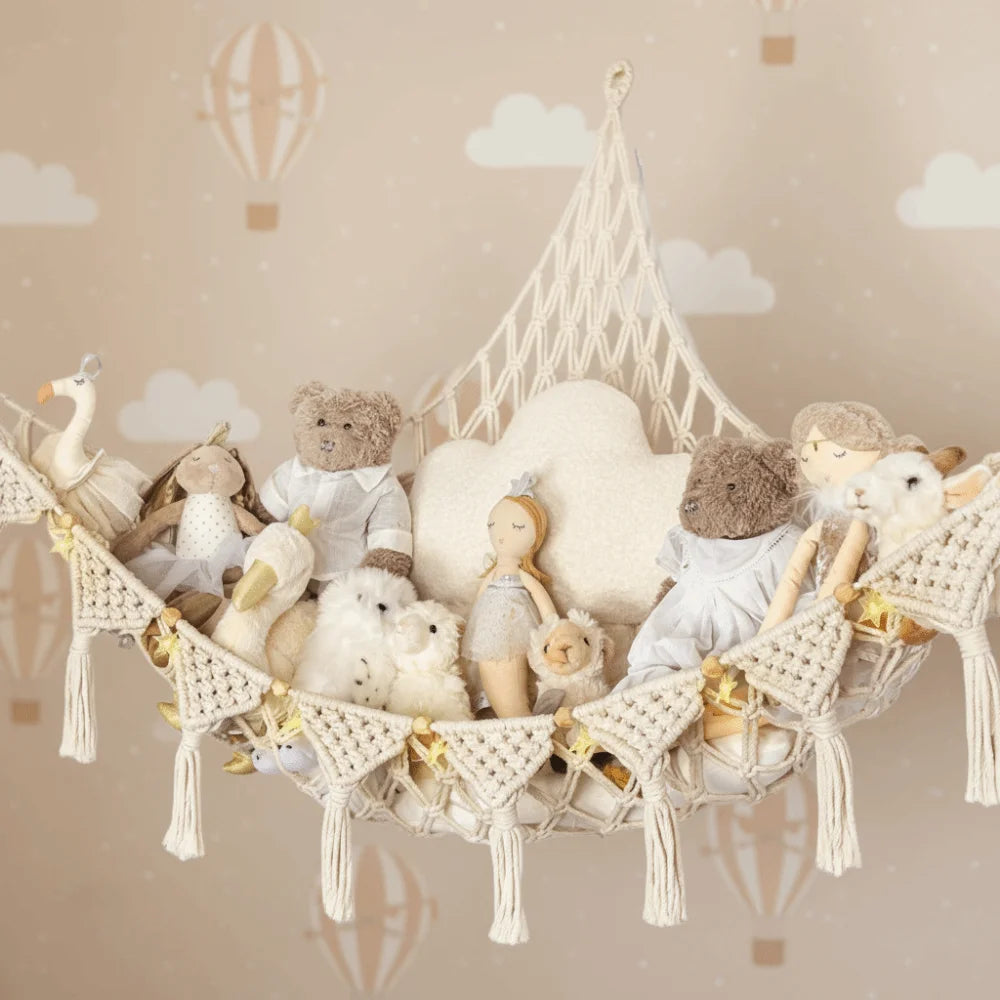 Grand hamac de rangement pour peluches, filet suspendu à grande capacité pour jouets, hamac en maille tressée gain de place pour chambre d’enfant et nurserie.