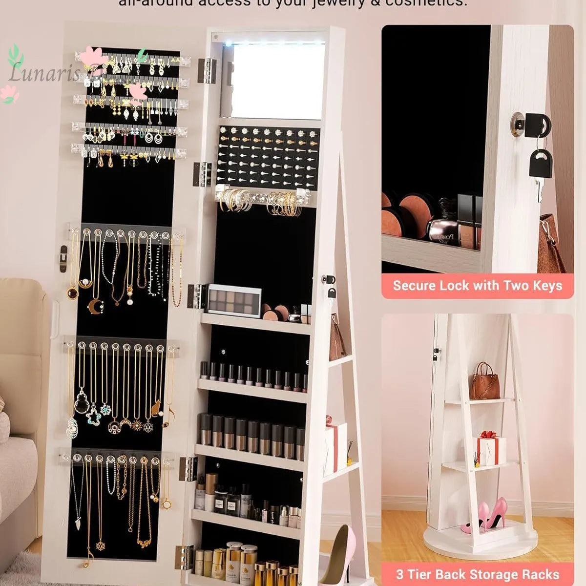 Armoire miroir pleine longueur rotative en bois massif – organisateur de bijoux et d’accessoires pour chambre à coucher – dressing mobile autoportant
