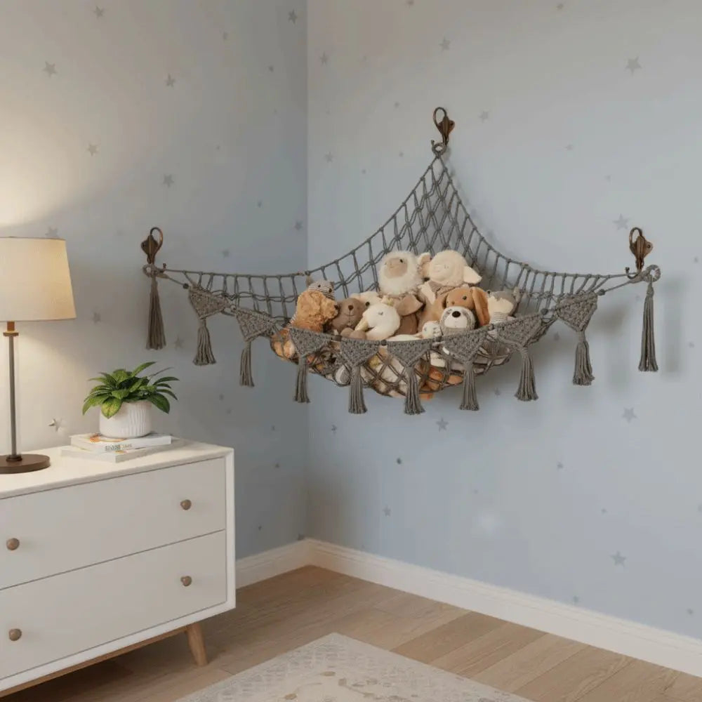 Grand hamac de rangement pour peluches, filet suspendu à grande capacité pour jouets, hamac en maille tressée gain de place pour chambre d’enfant et nurserie.
