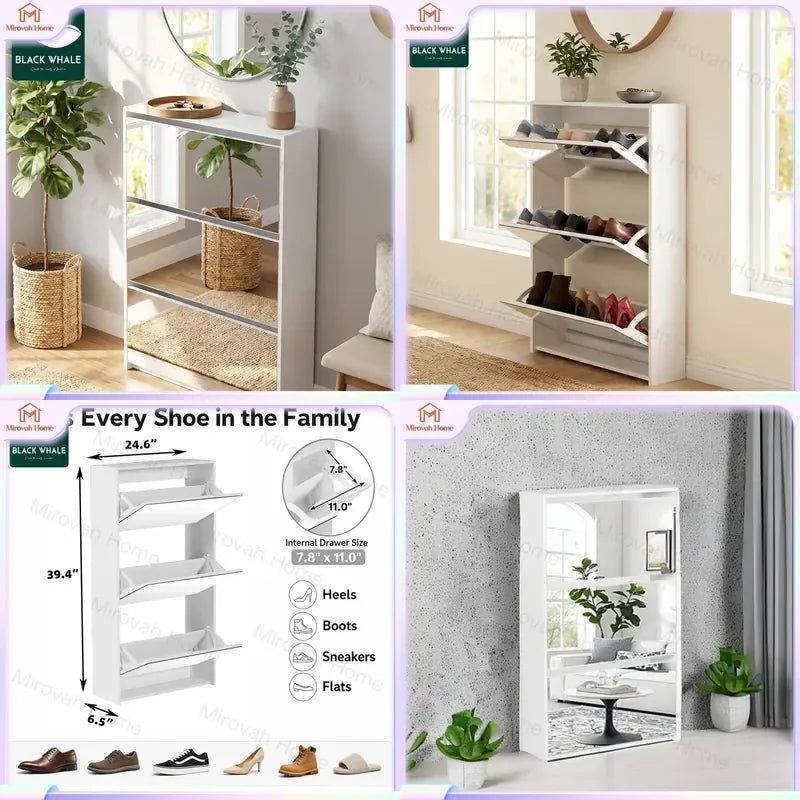 Meuble à chaussures ultra-fin avec miroir et compartiments basculants, rangement mural pour entrée et couloir, organisateur moderne pour la maison.