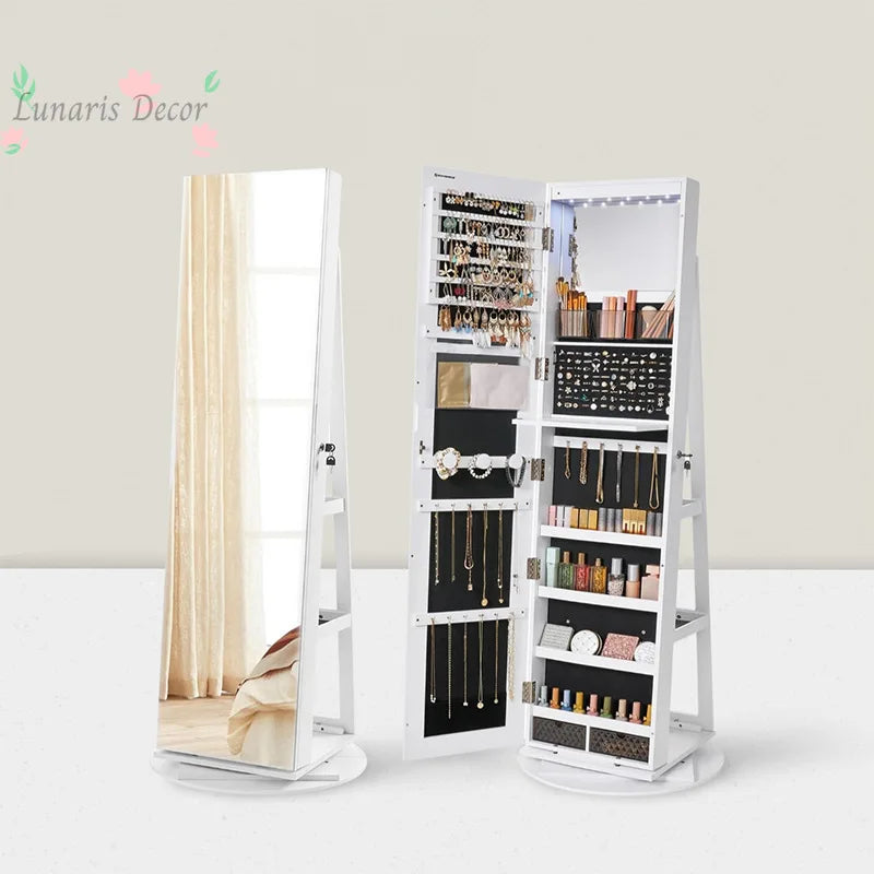 Armoire miroir pleine longueur rotative en bois massif – organisateur de bijoux et d’accessoires pour chambre à coucher – dressing mobile autoportant