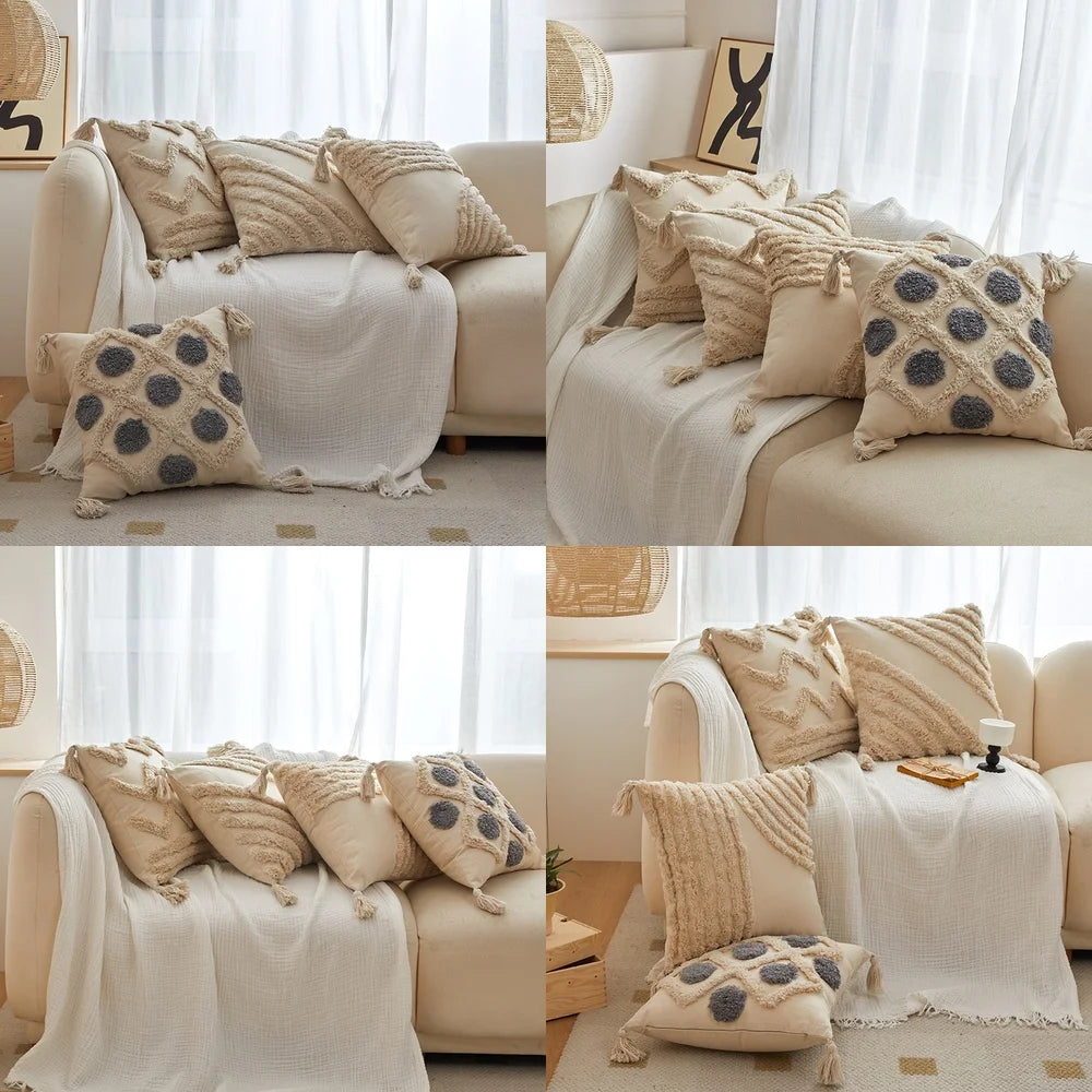 Housse de coussin bohème chic à pompons et tuftage, coussin décoratif doux et moelleux pour canapé, chambre, panier et accessoires pour animaux de compagnie.