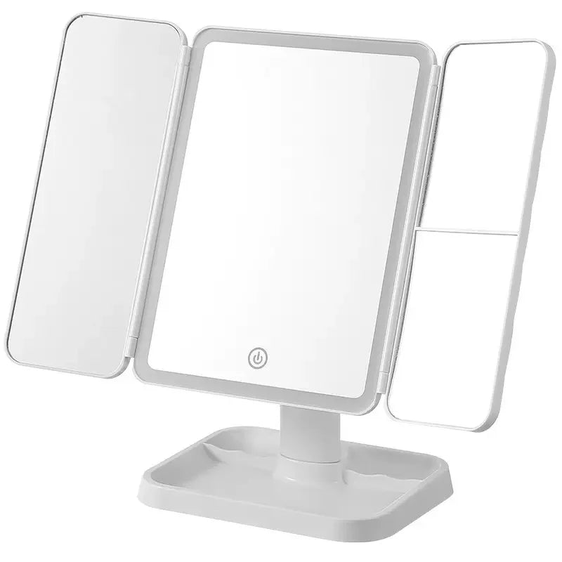 Miroir de maquillage LED de bureau avec éclairage, style INS, miroir pliable à trois volets, miroir de coiffeuse de bureau pour dortoir, beauté et chambre à coucher.