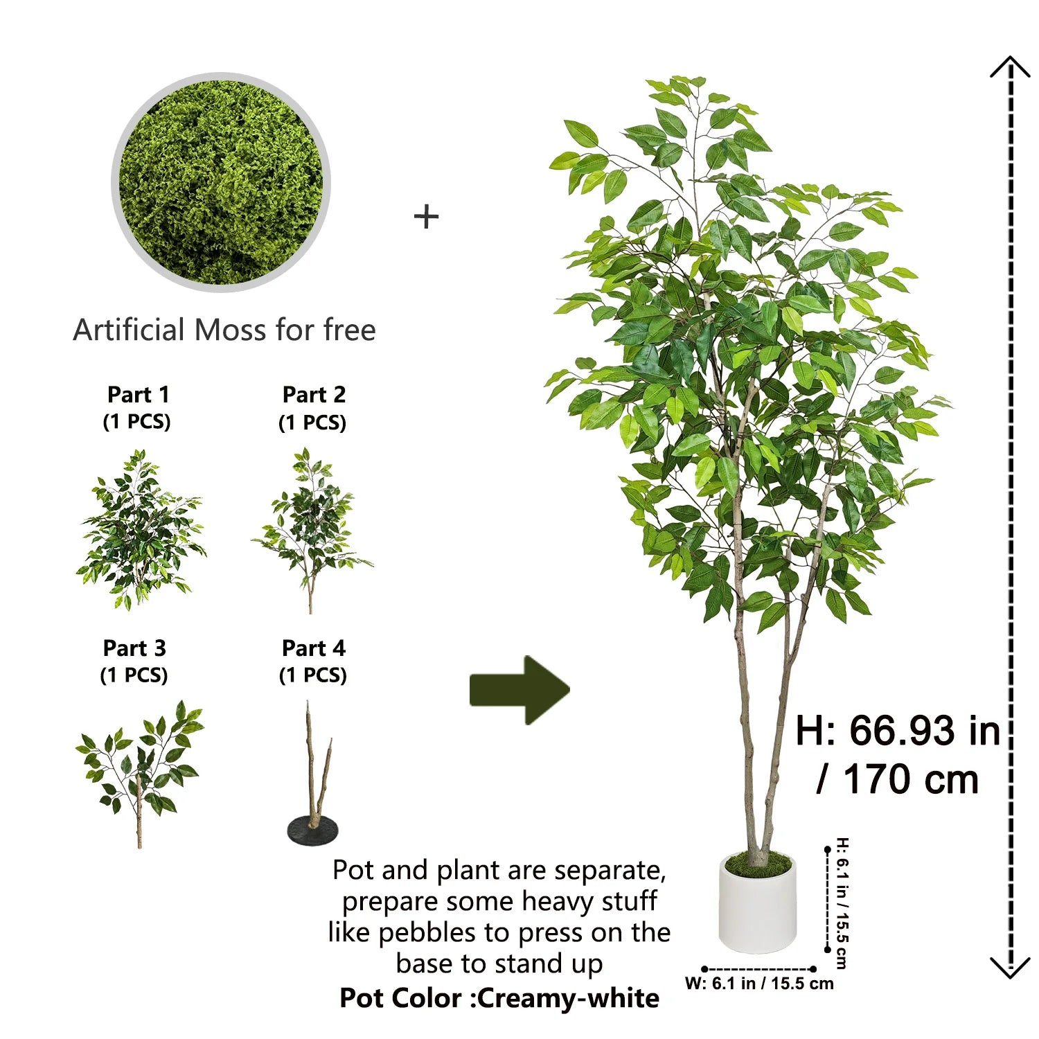 Ficus artificiel de 140 à 210 cm, plante artificielle à double tronc, décoration végétale synthétique pour intérieur, salon et maison.
